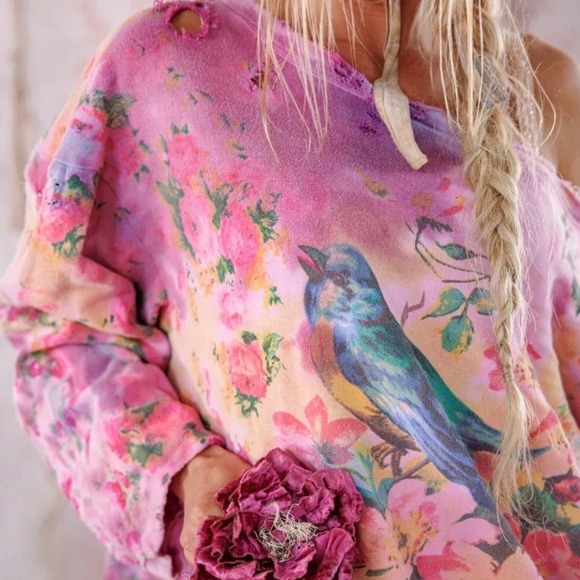 Magnolia Pearl Tops - Magnolia Pearl RARE Songbird Floral Sweatshirt Purple Tie Dye Bird Distressed